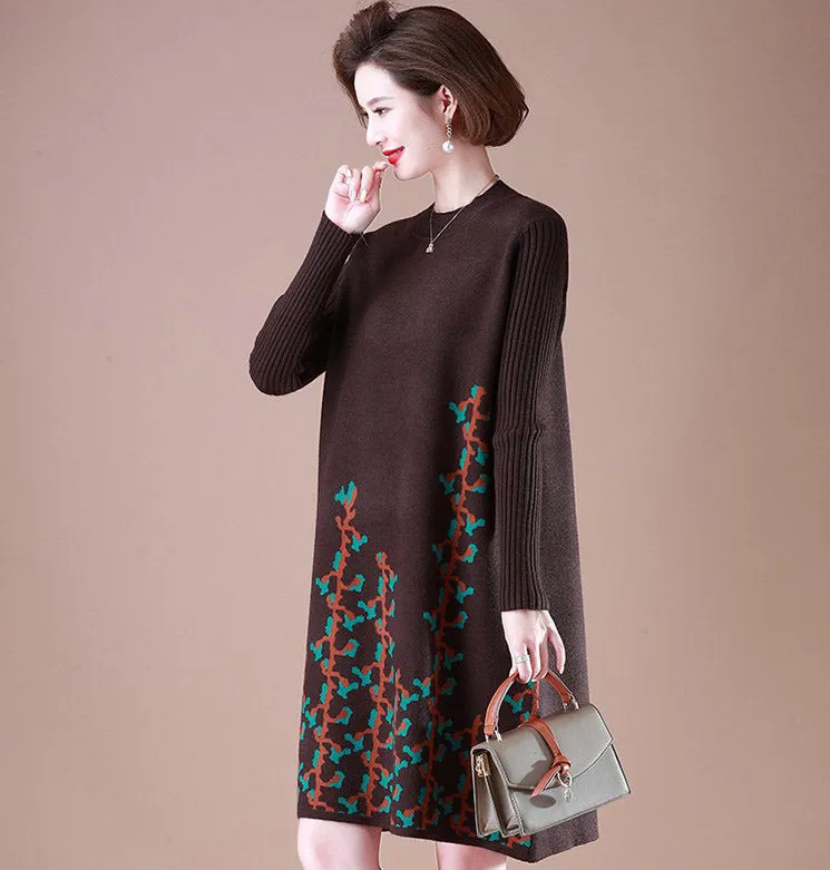Round Neck Long Sleeve Knee Length A-line Floral Knit Dress