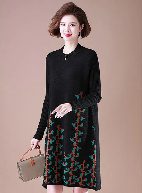 Round Neck Long Sleeve Knee Length A-line Floral Knit Dress