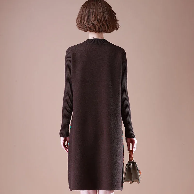 Round Neck Long Sleeve Knee Length A-line Floral Knit Dress
