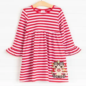 Rudy Reindeer Applique Dress, Red Stripe