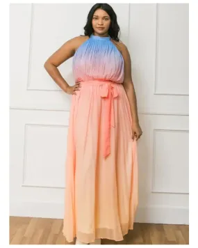 Sadie - Plus Size Pleated Maxi Dress Peach Blue