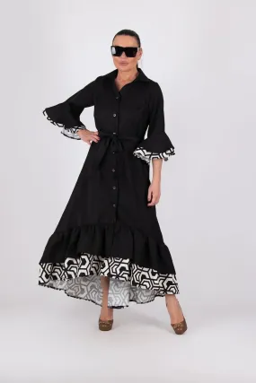 SALEM BLACK LINEN FLOUNCES DRESS