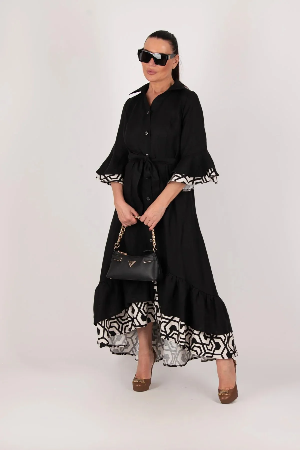 SALEM BLACK LINEN FLOUNCES DRESS