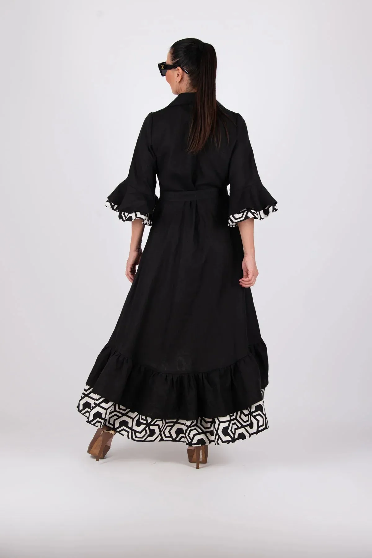 SALEM BLACK LINEN FLOUNCES DRESS