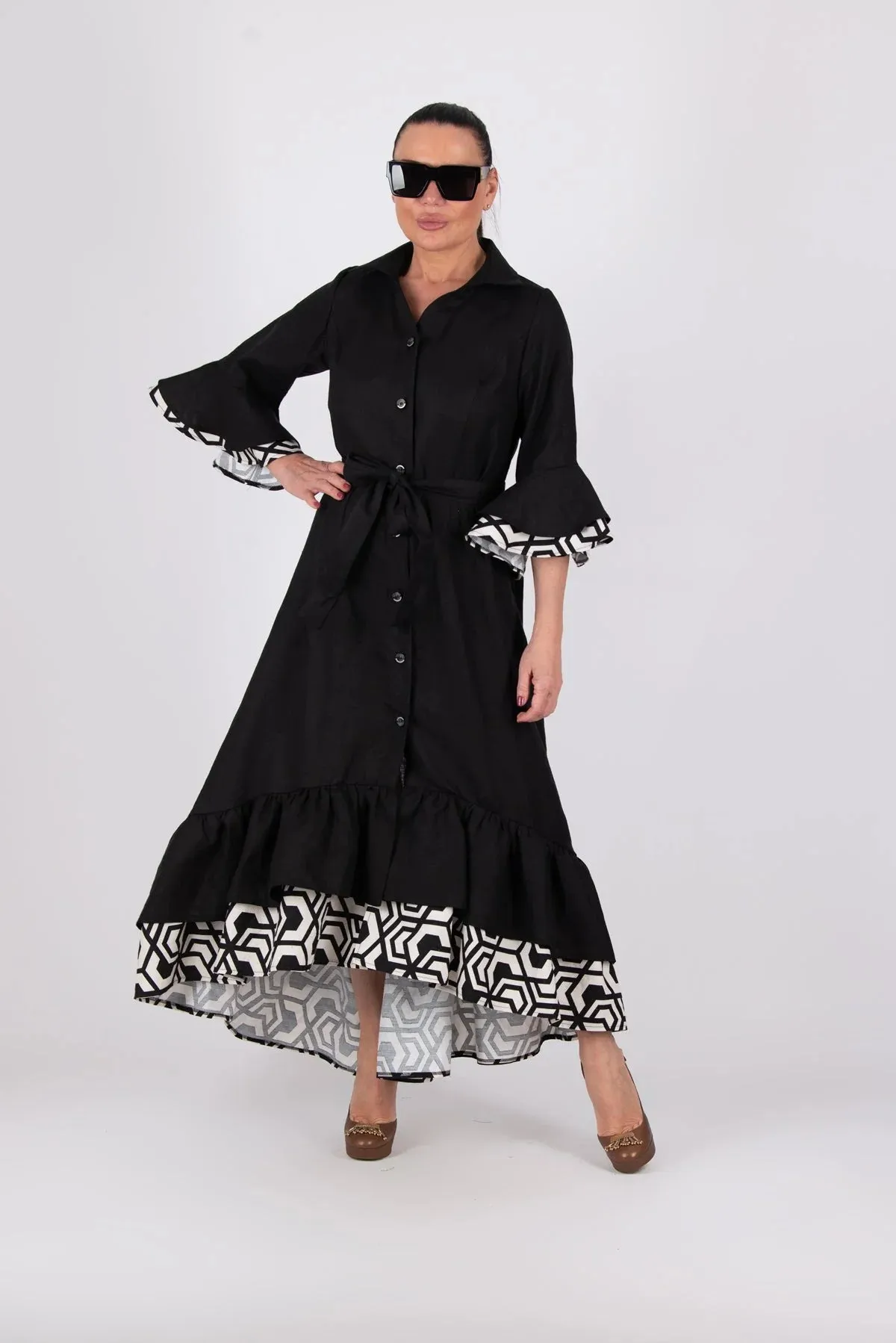 SALEM BLACK LINEN FLOUNCES DRESS