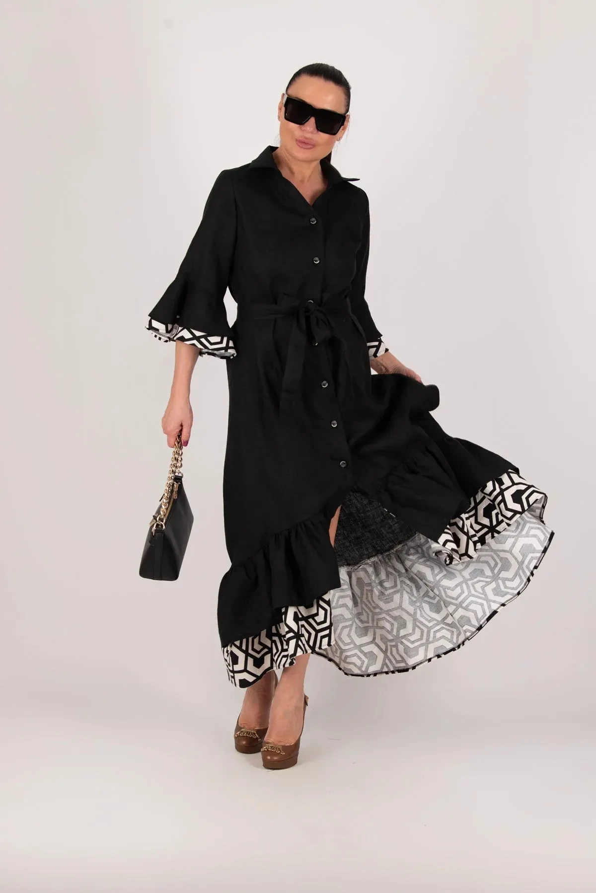 SALEM BLACK LINEN FLOUNCES DRESS