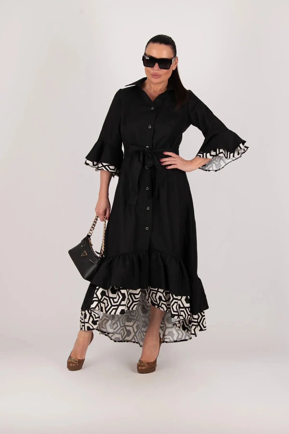 SALEM BLACK LINEN FLOUNCES DRESS