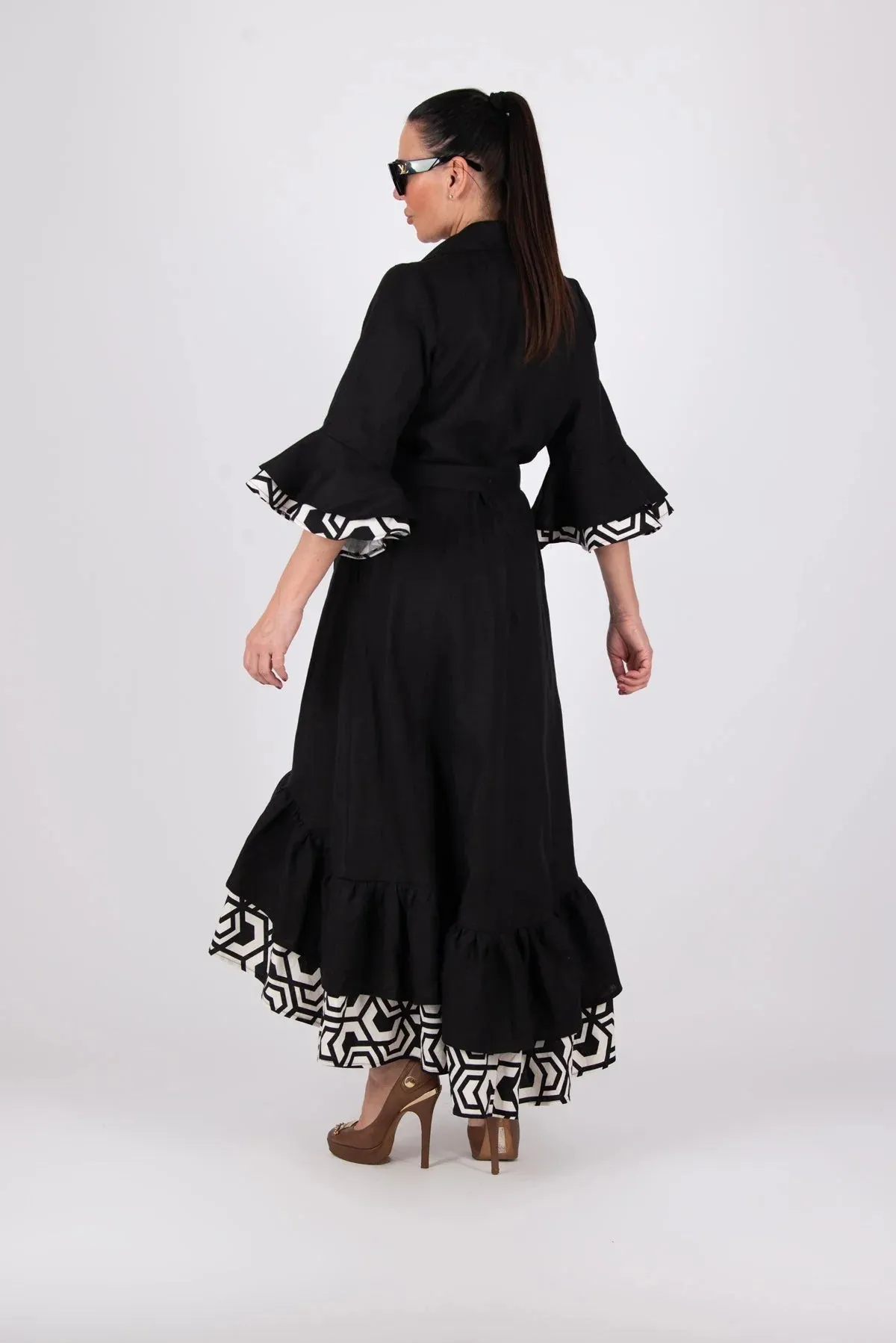 SALEM BLACK LINEN FLOUNCES DRESS