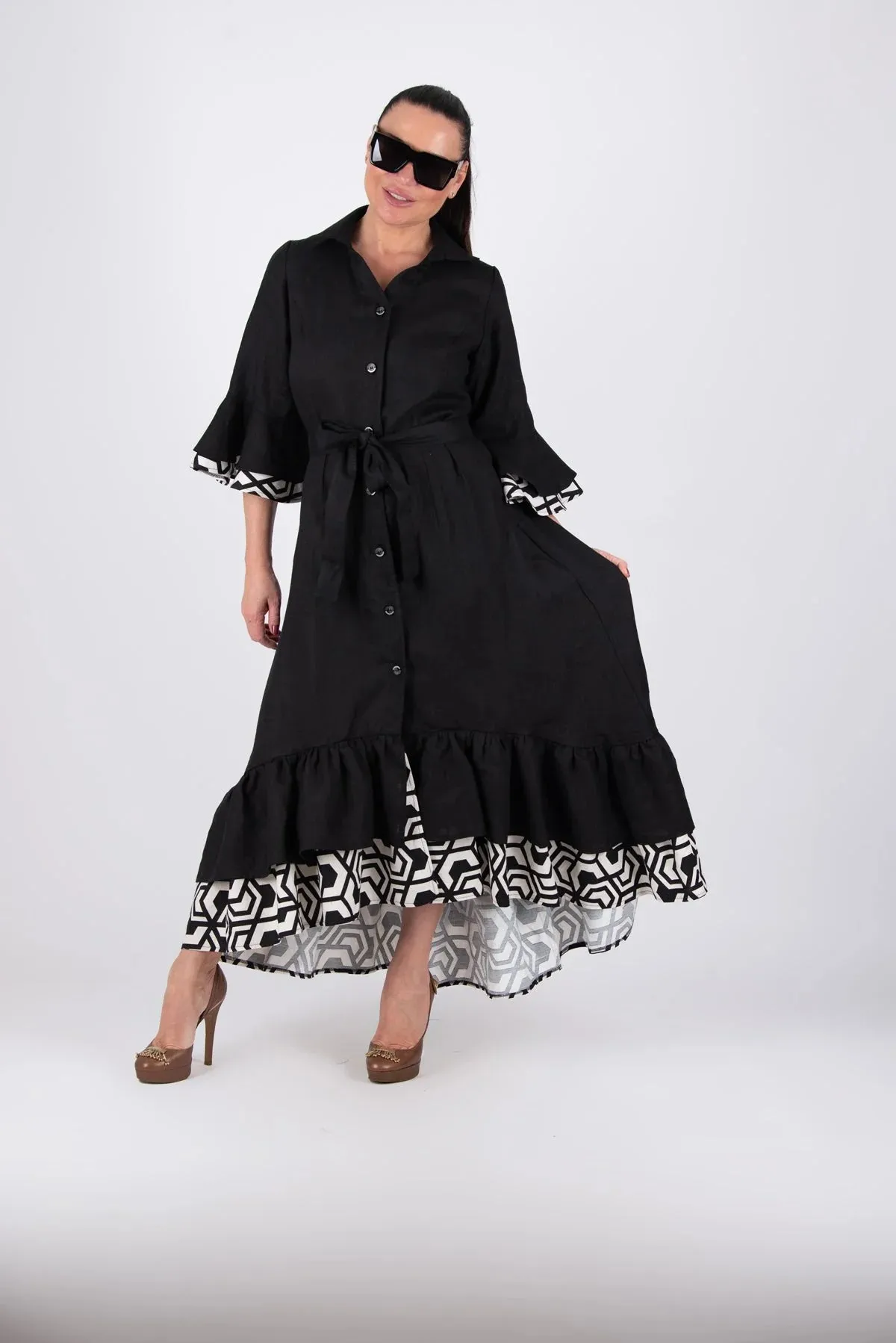 SALEM BLACK LINEN FLOUNCES DRESS
