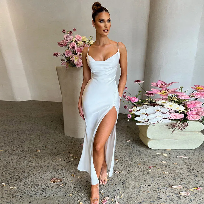 Satin Spaghetti Strap Hight Split Long Dress