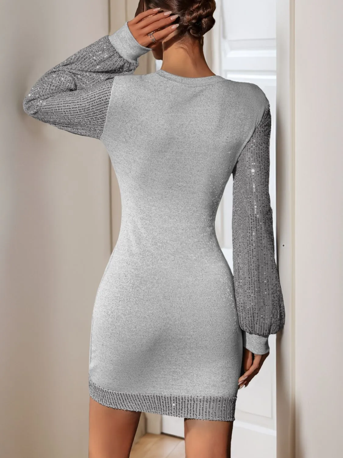 Sequin Round Neck Long Sleeve Mini Cocktail Dress