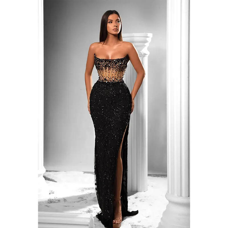 Sheath Strapless Beads Long Black Prom Forma Dress