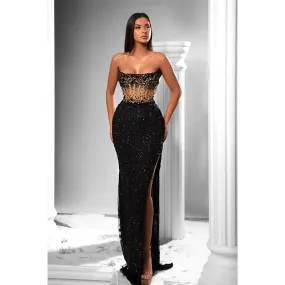 Sheath Strapless Beads Long Black Prom Forma Dress