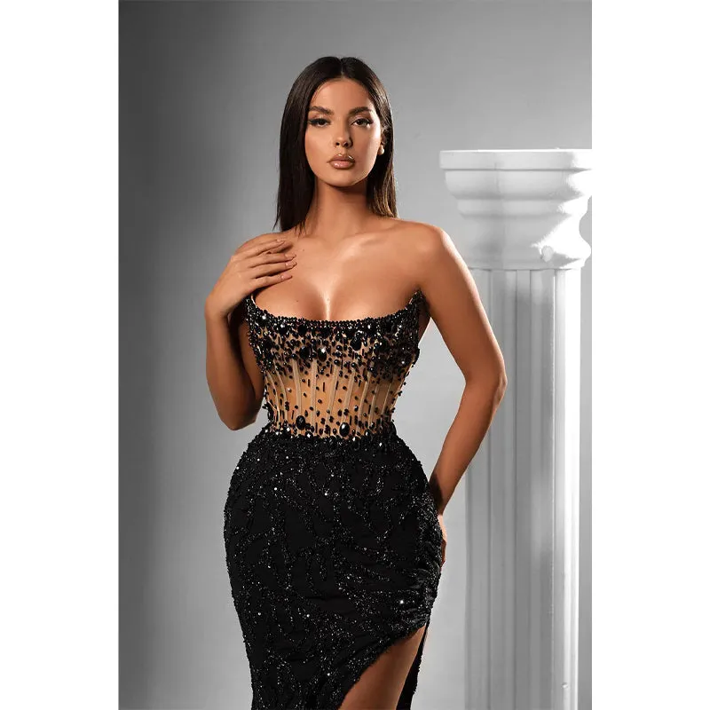 Sheath Strapless Beads Long Black Prom Forma Dress