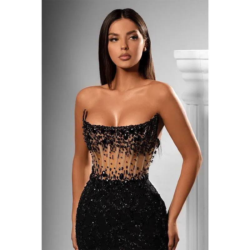 Sheath Strapless Beads Long Black Prom Forma Dress