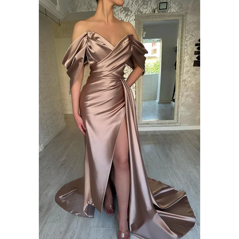 Sheath/Column Off-Shoulder Satin Ruched Long Prom Evening Formal Dress