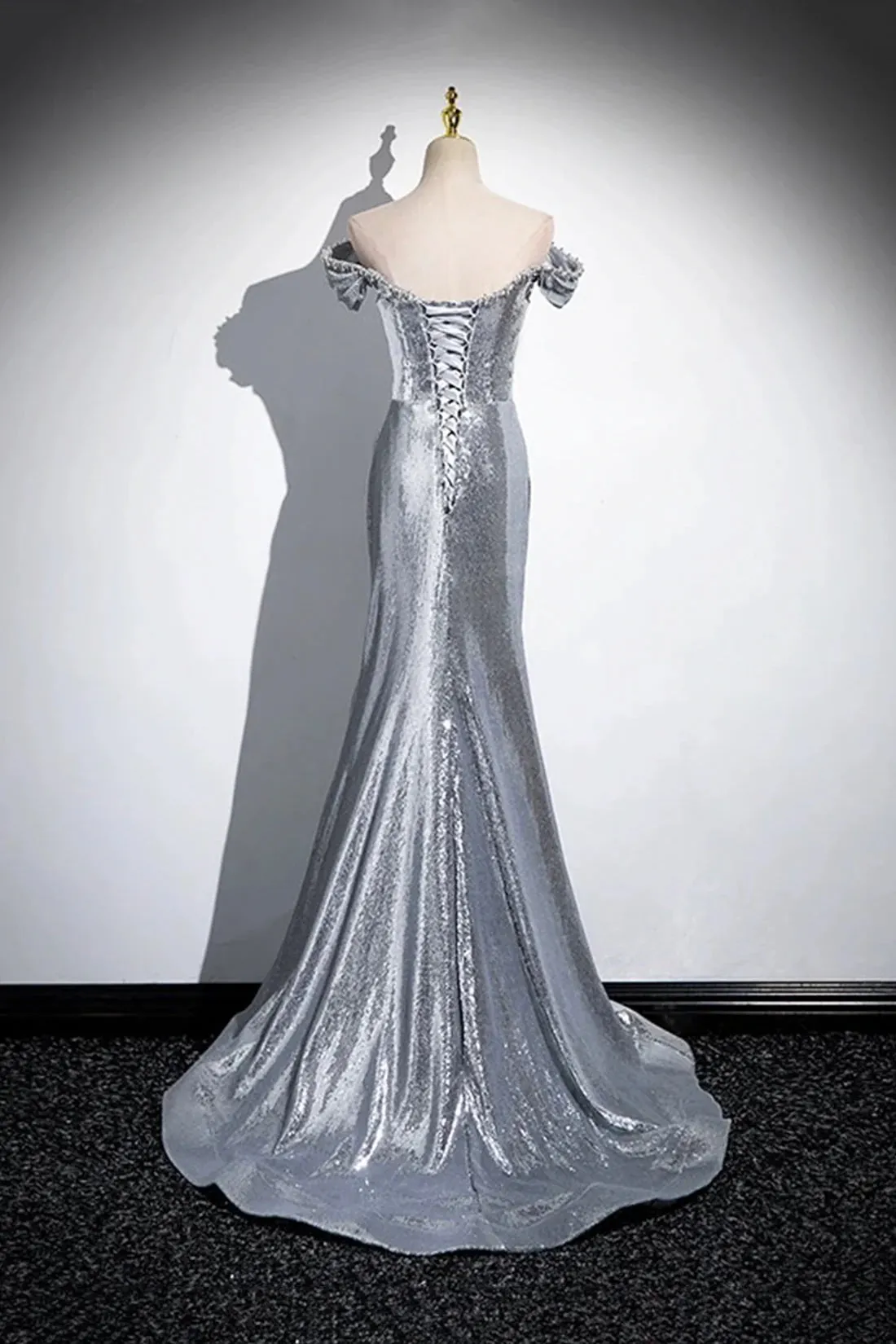 Silver Sequins Floor Length Prom Dress, Mermaid Off the Shoulder Party Dress