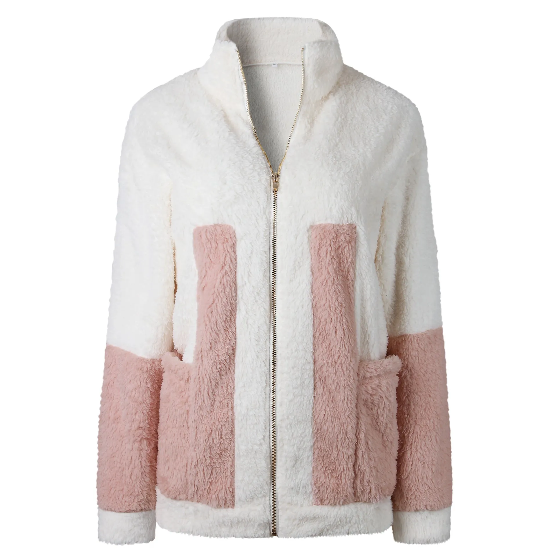 Stand Collar Zipper Color Patchwork Big Pockets Women Teddy Coat