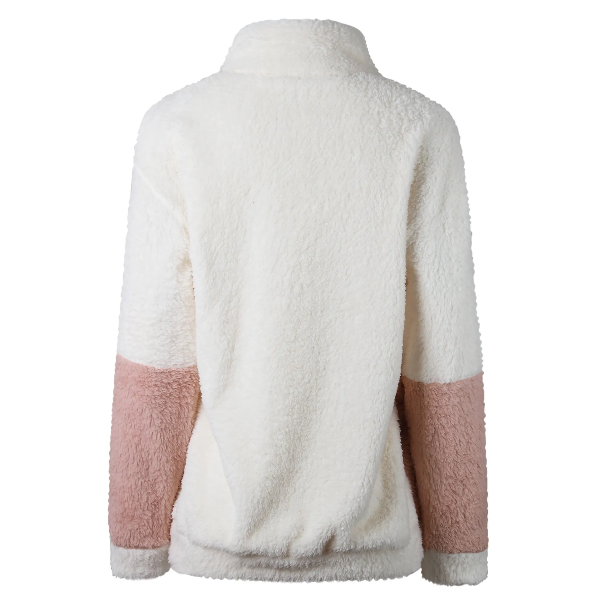 Stand Collar Zipper Color Patchwork Big Pockets Women Teddy Coat