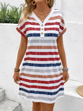 Striped V-Neck Short Sleeve Dress