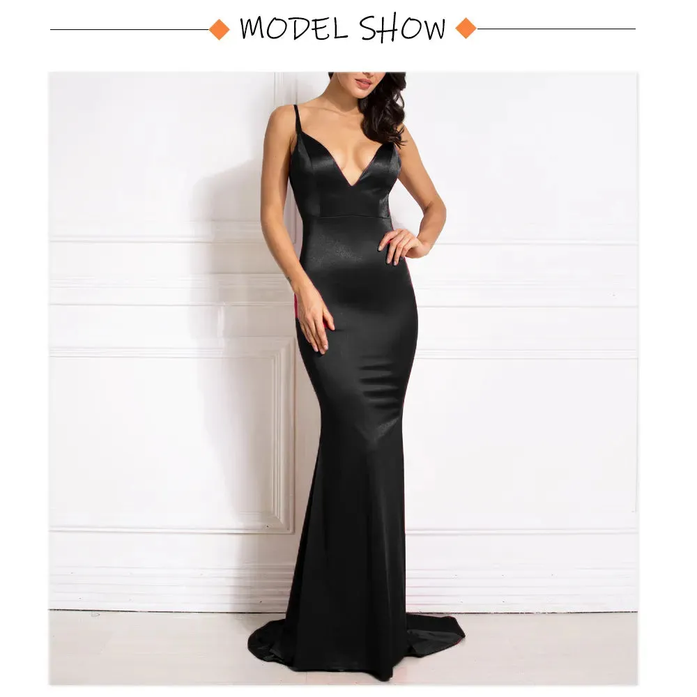 Suspender V-neck And Tail Tail Large Swing Dance Party Dress Long Skirt