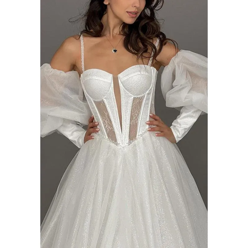 Sweetheart Spaghetti Straps Lace Beaded Tulle A-Line Long Prom Dress