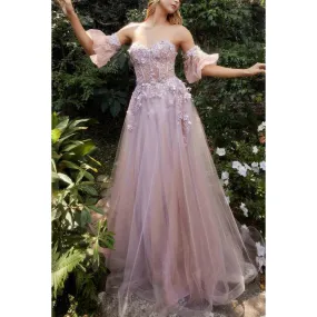 Sweetheart Strapless Appliqued Sheer Tulle A-Line Long Prom Evening Dress