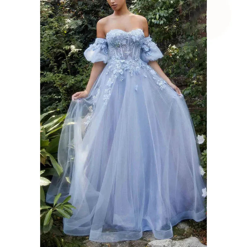 Sweetheart Strapless Appliqued Sheer Tulle A-Line Long Prom Evening Dress