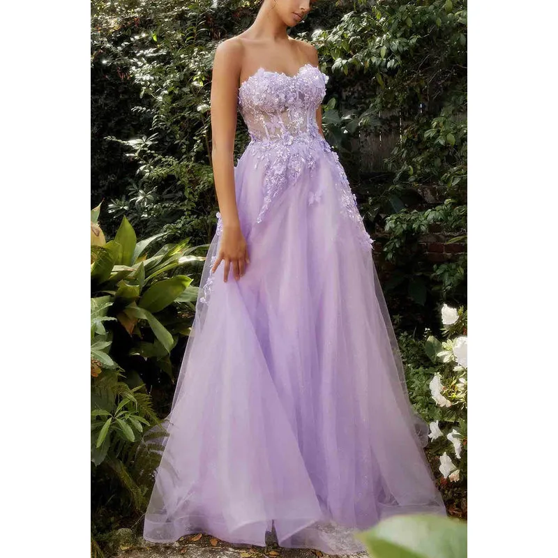 Sweetheart Strapless Appliqued Sheer Tulle A-Line Long Prom Evening Dress