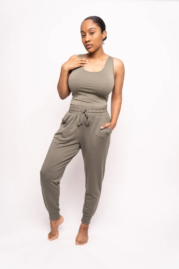 Tank Top and French Terry Jogging Pant Two-Piece Set (Olive/Heather Gray)
