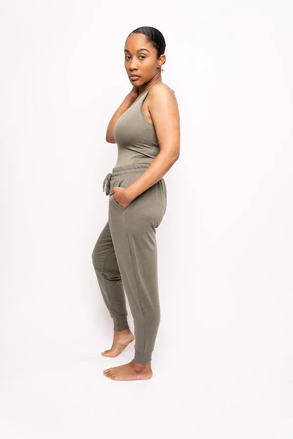 Tank Top and French Terry Jogging Pant Two-Piece Set (Olive/Heather Gray)