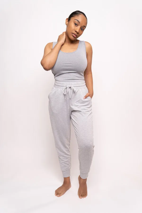 Tank Top and French Terry Jogging Pant Two-Piece Set (Olive/Heather Gray)