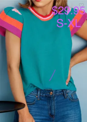 Teal Knitted Contrast Sleeve Round Neck Top