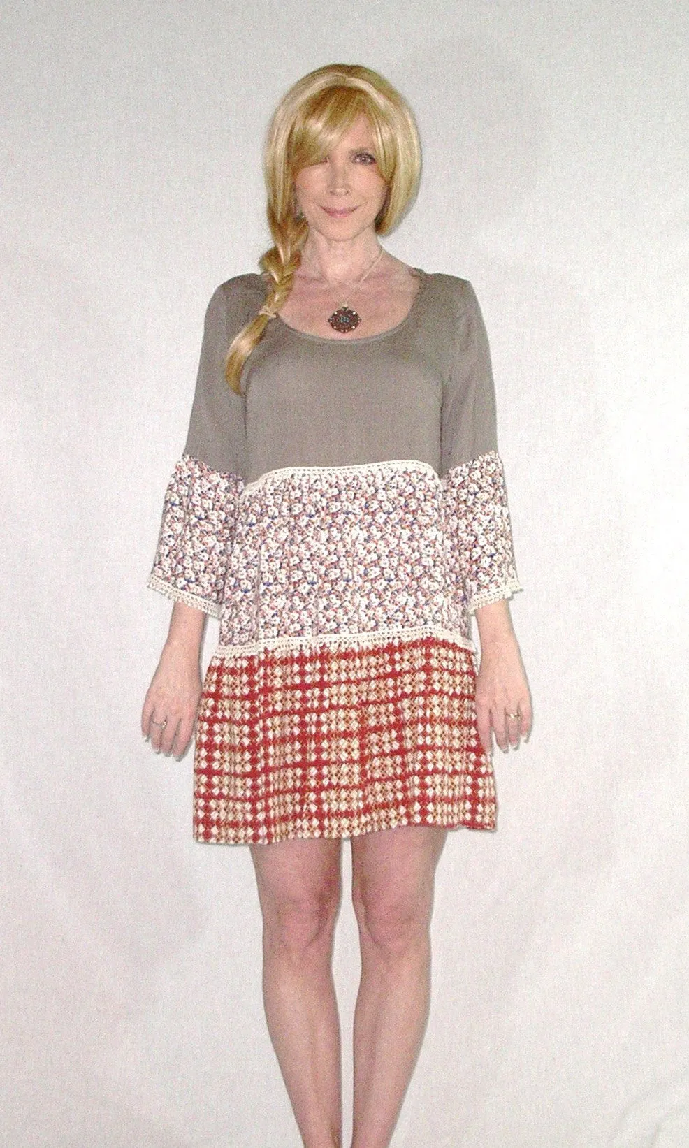 Umgee Peasant Dress Bell Sleeve Patchwork Crochet Trim Boho Mocha Floral Gypsy Print Hippie Mini Dress Scoop Neck Tiered Small Medium Or Large