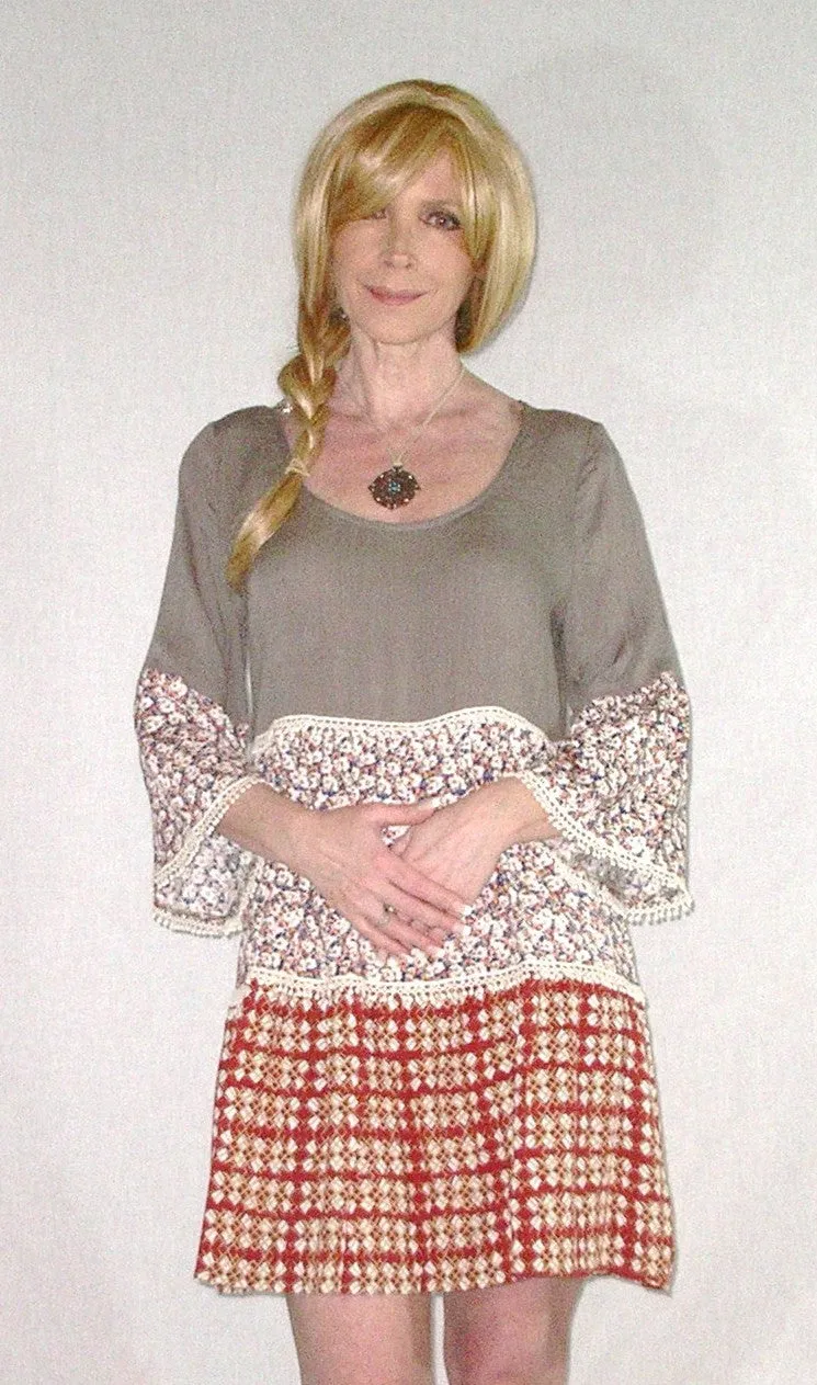 Umgee Peasant Dress Bell Sleeve Patchwork Crochet Trim Boho Mocha Floral Gypsy Print Hippie Mini Dress Scoop Neck Tiered Small Medium Or Large