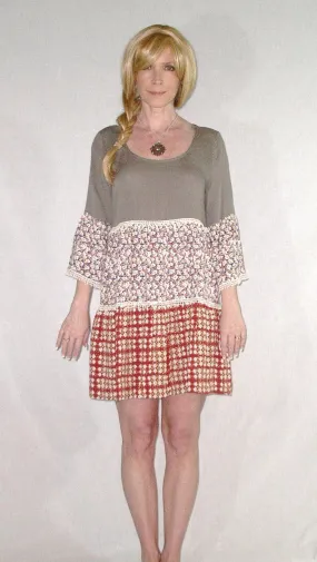 Umgee Peasant Dress Bell Sleeve Patchwork Crochet Trim Boho Mocha Floral Gypsy Print Hippie Mini Dress Scoop Neck Tiered Small Medium Or Large