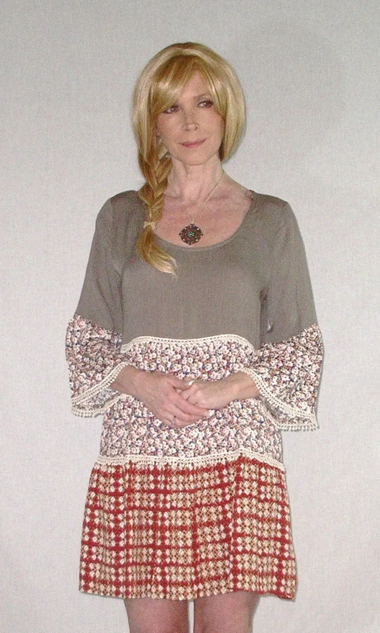 Umgee Peasant Dress Bell Sleeve Patchwork Crochet Trim Boho Mocha Floral Gypsy Print Hippie Mini Dress Scoop Neck Tiered Small Medium Or Large