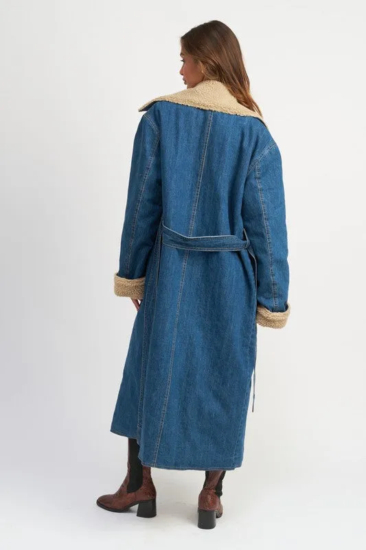 Uptown Sass Faux Fur Trim Long Sleeve Belted Denim Coat