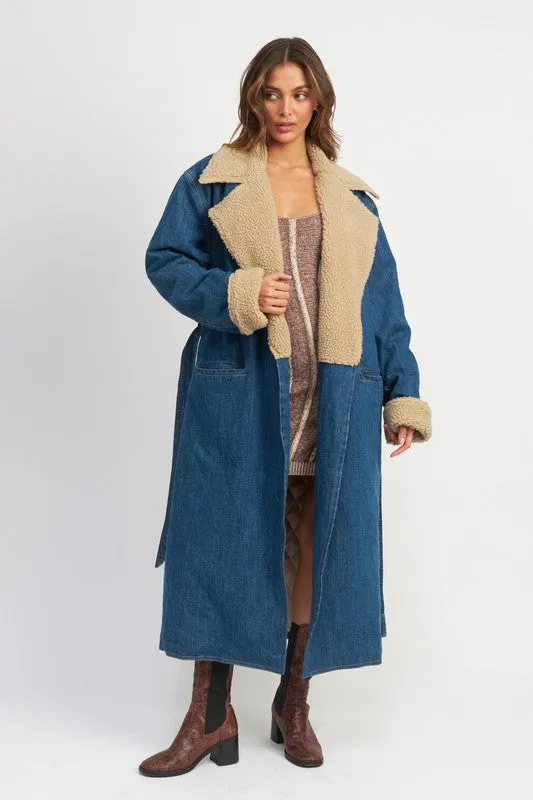 Uptown Sass Faux Fur Trim Long Sleeve Belted Denim Coat