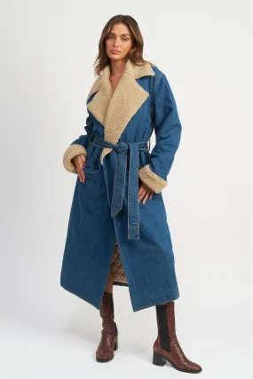 Uptown Sass Faux Fur Trim Long Sleeve Belted Denim Coat