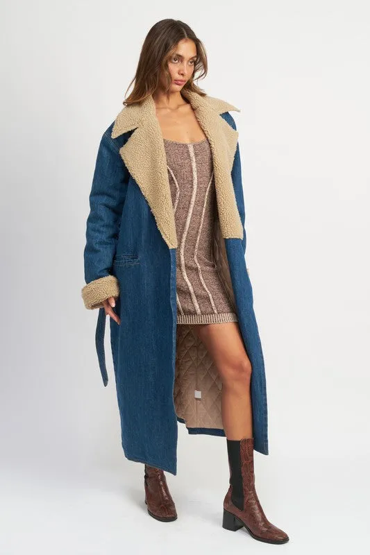 Uptown Sass Faux Fur Trim Long Sleeve Belted Denim Coat
