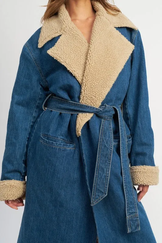 Uptown Sass Faux Fur Trim Long Sleeve Belted Denim Coat