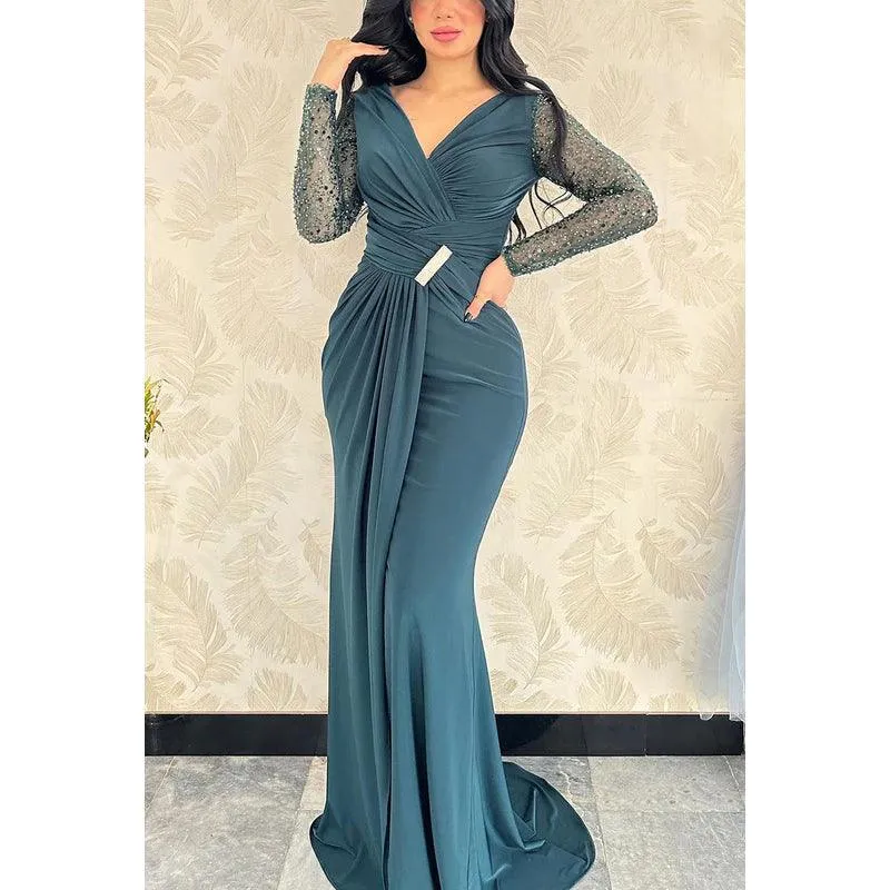 V-Neck Long Sleeves Sequined Beaded Ruched Satin Sheath Evening Dress