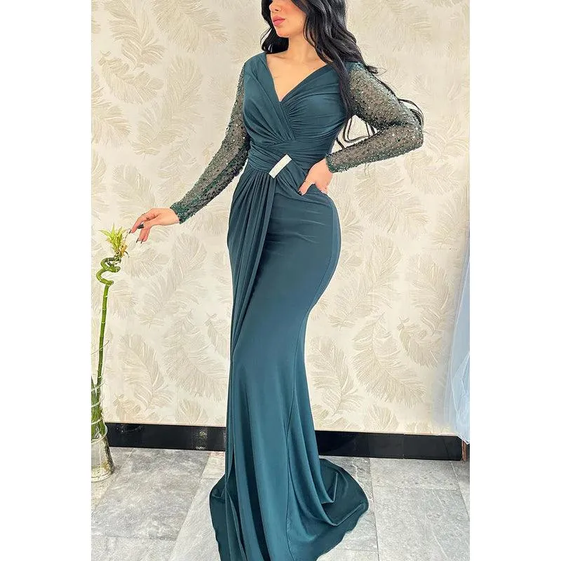 V-Neck Long Sleeves Sequined Beaded Ruched Satin Sheath Evening Dress