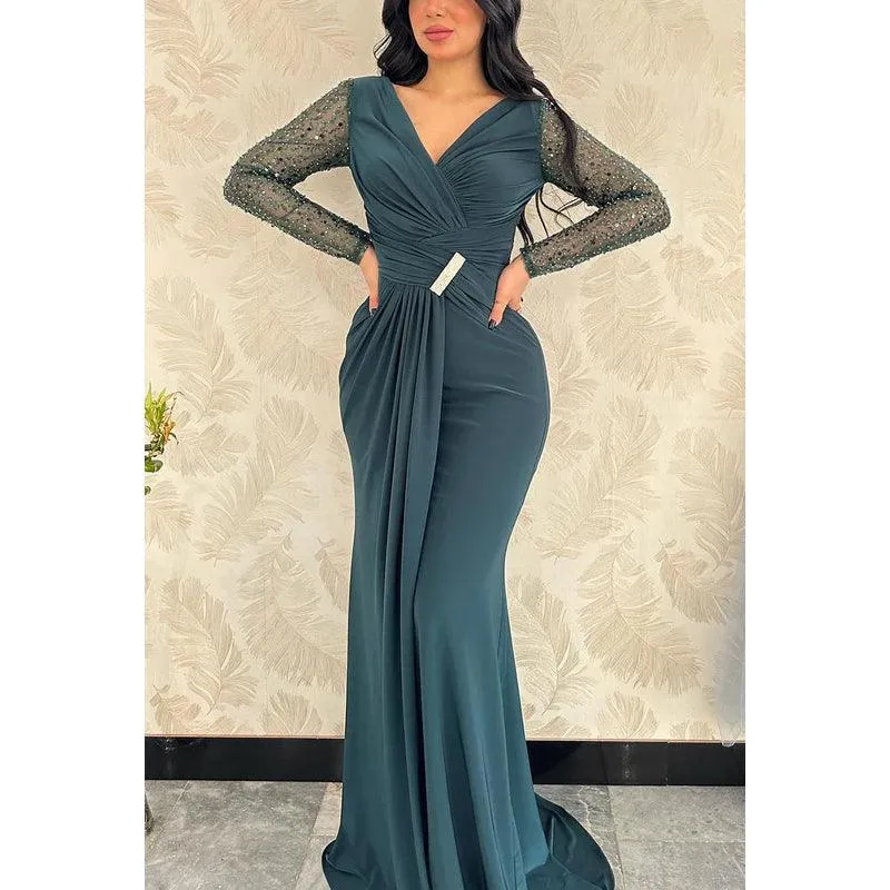 V-Neck Long Sleeves Sequined Beaded Ruched Satin Sheath Evening Dress
