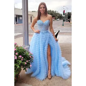 V-Neck Sleeveless A-Line Applique Slit Formal Prom Dress
