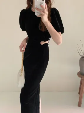 Velvet Puff Sleeve Midriff Outfit Socialite Style Dress