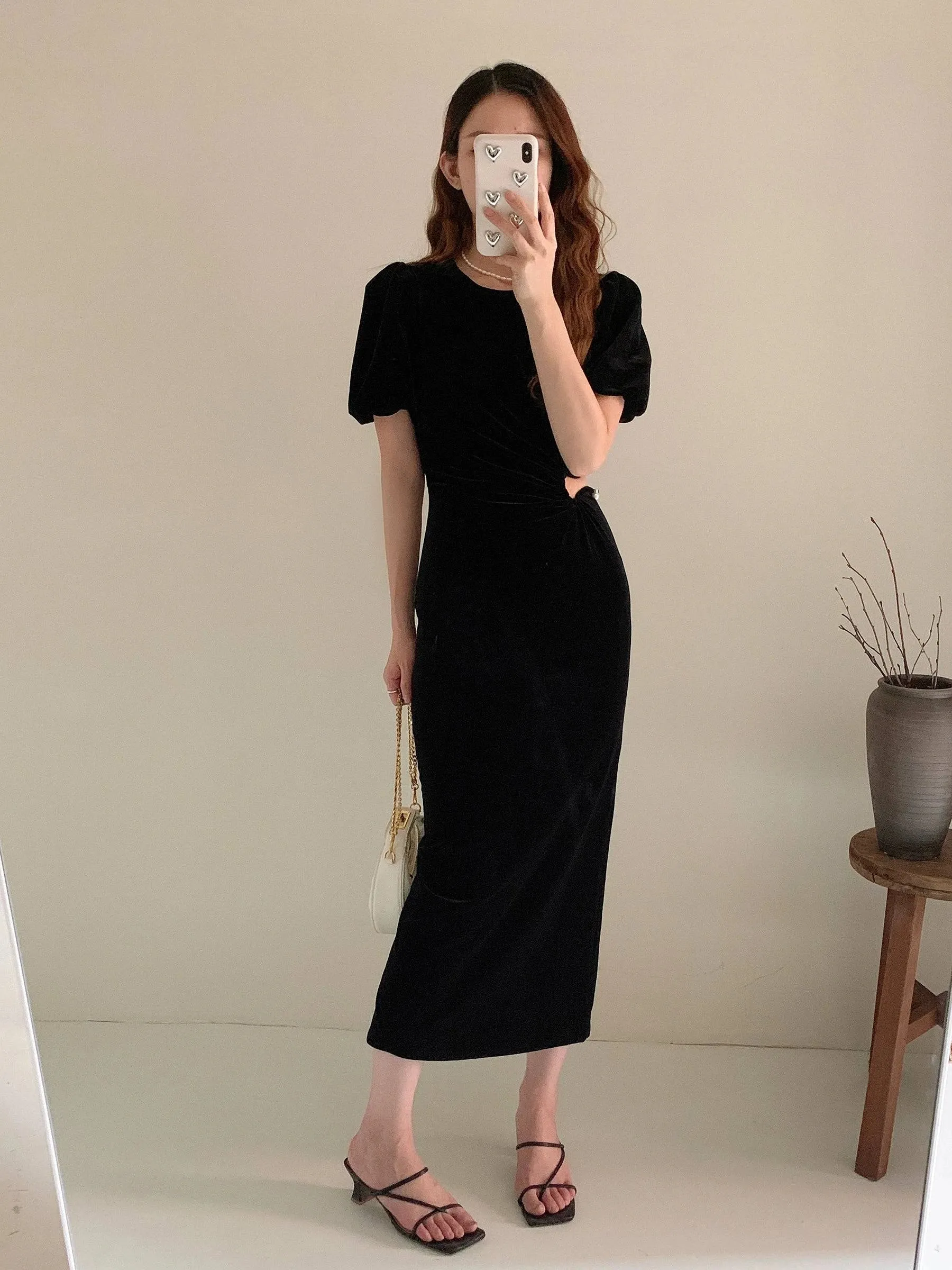 Velvet Puff Sleeve Midriff Outfit Socialite Style Dress