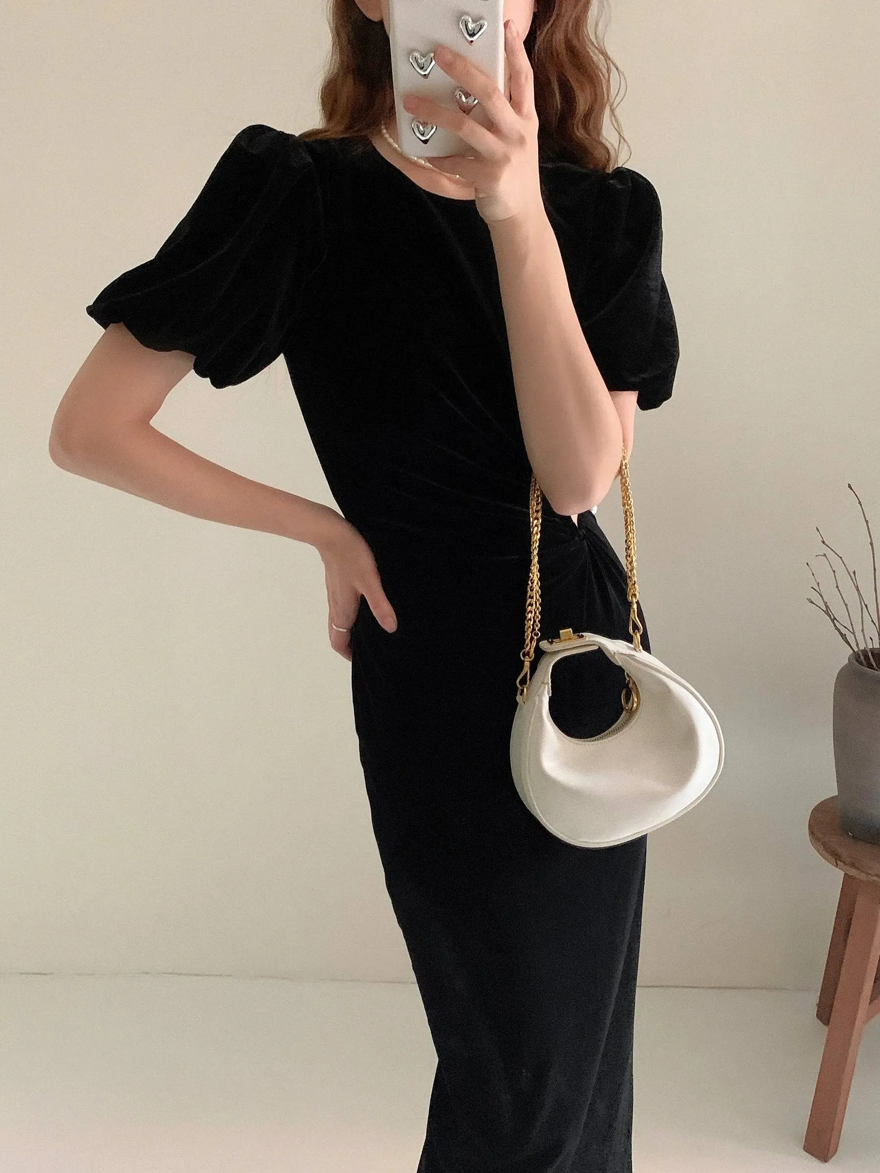 Velvet Puff Sleeve Midriff Outfit Socialite Style Dress