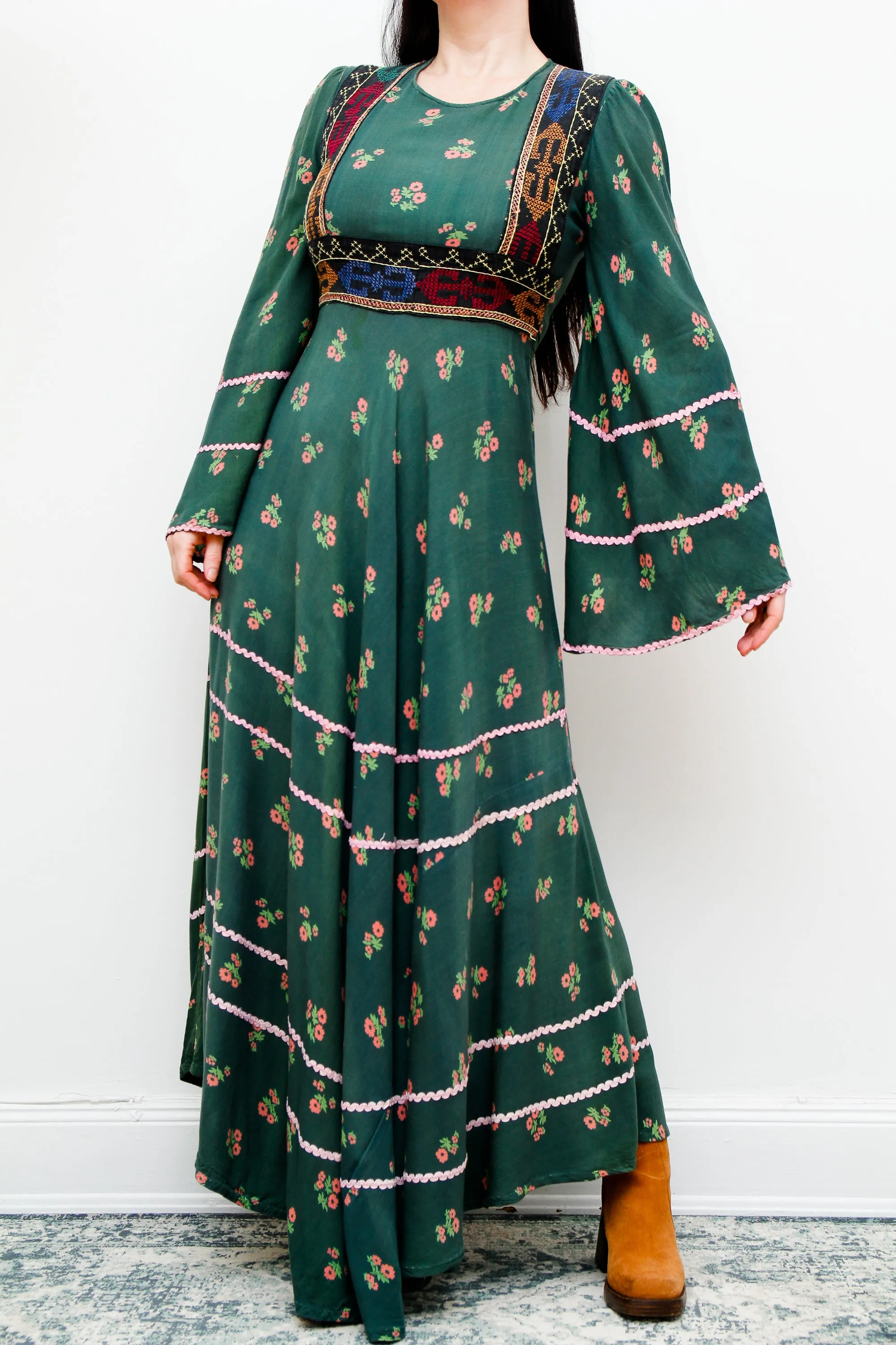 Vintage 70's Floral Afghan Kaftan Maxi Dress